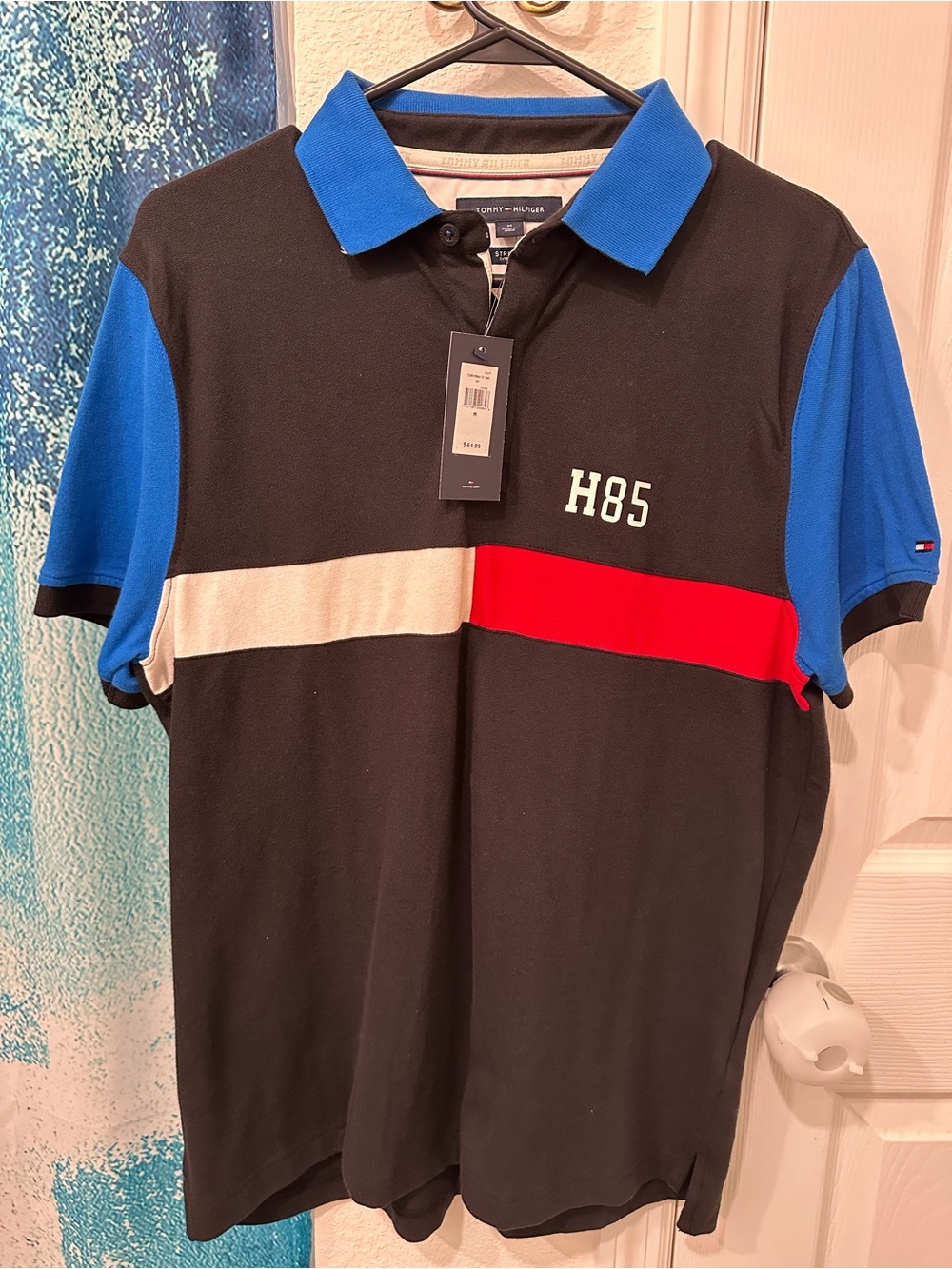 #04 Tommy Hilfiger Black Polo with Blue Sleeves and Red Stripe